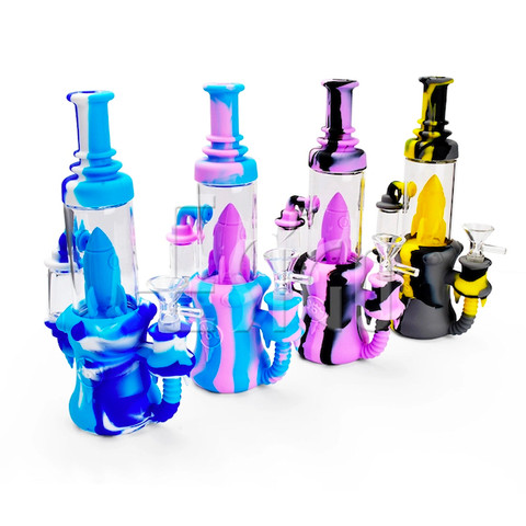 9" Silicone Recycler Bong / Dab Rig: Rocket Ship 9" Blue and White