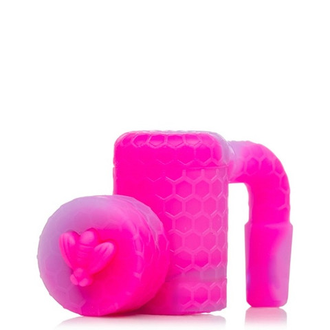 Pink Silicone Reclaim Catcher: 14mm Male 90 Degree Pipe Joint to 14mm Female Banger Joint