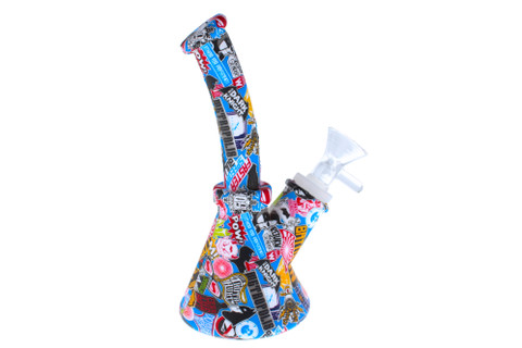 7" Silicone Blue Comic Pattern Beaker Bottom Bong