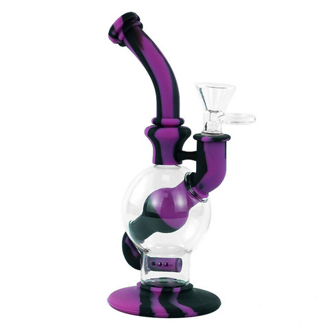 7.5" Silicone Glass Hybrid Sphere Water Pipe - Purple & Black