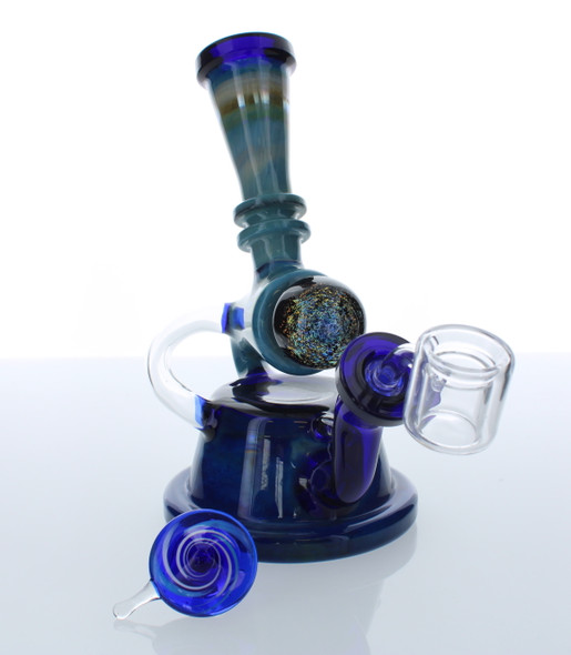 8" Blue Recycler Galaxy Marble Rig with 14mm Male Thermal Banger and Carb Cap