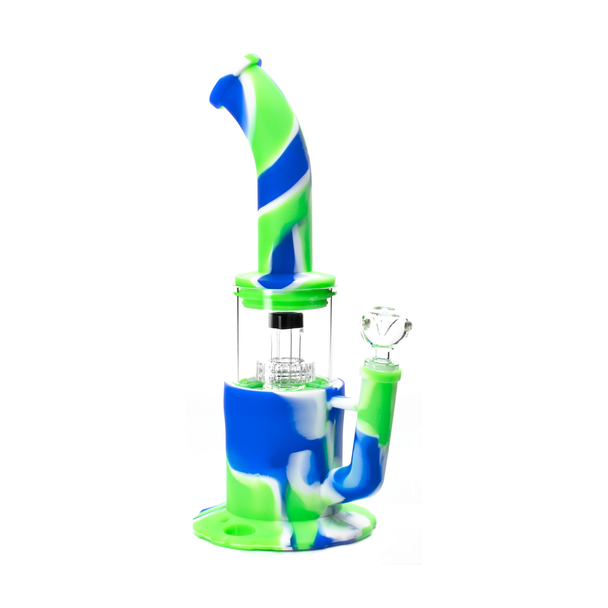 13.5" Silicone Glass Hybrid Water Pipe Rig Bong with Showerhead Dome Perc Blue & Green