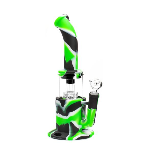 13.5" Silicone Glass Hybrid Water Pipe Rig Bong with Showerhead Dome Perc Black & Green