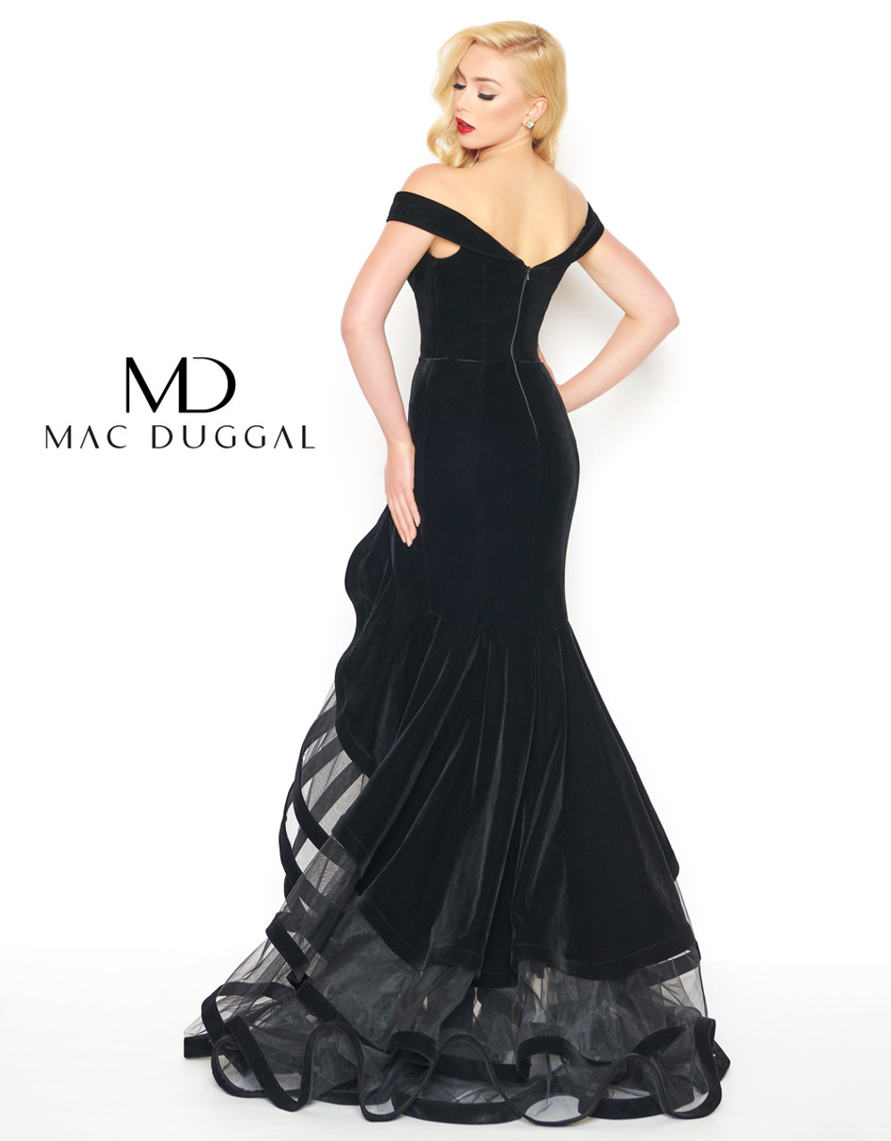 mac duggal black velvet dress