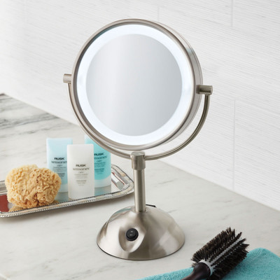 Conair BE119WH Two-Sided Lighted LED Vanity Mirror 1X-5X Magnification Satin Nickel