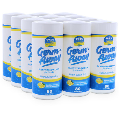 Germ-Away Sanitizing Hand Wipes Lemon Scent Canister, 80 wipes - Case of 12