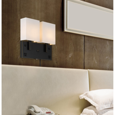  Bronze Oberlin Double Wall Lamp with 2 Outlets and 1 USB