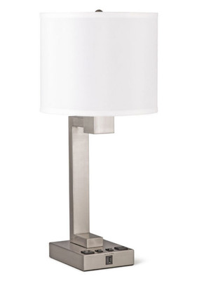 Strata Twin Hotel Table Lamp with 2 Outlets & USB-A Charging – Brushed Nickel, Linen Drum Shade, 26" H
