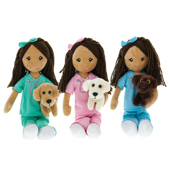 Plush Nurse Doll with Puppy - Dark Skin
