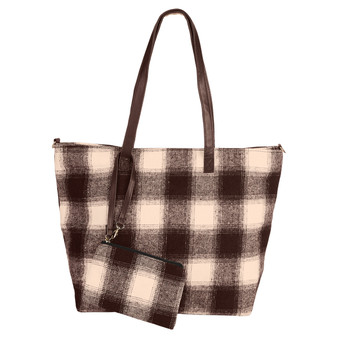 Weekend Tote Bag & Pouch Set - Black & White Buffalo Plaid