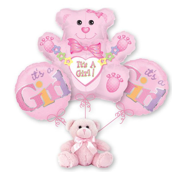 Balloon Bouquet with Plush Weight - It's a Girl Teddy Bear