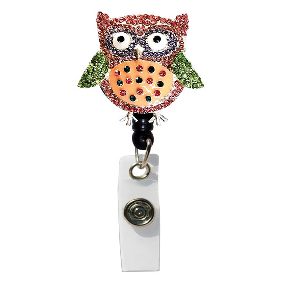 Rhinestone Retractable Badge Reel Holder - Owl