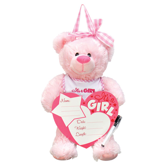 Plush Bear Birth Announcement Door Hanger - It's a Girl
