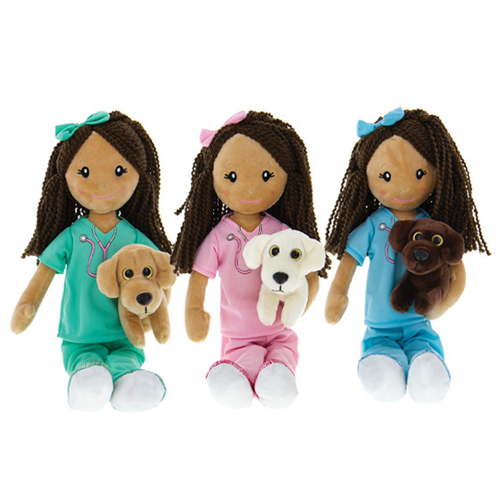 Plush Nurse Doll with Puppy - Dark Skin