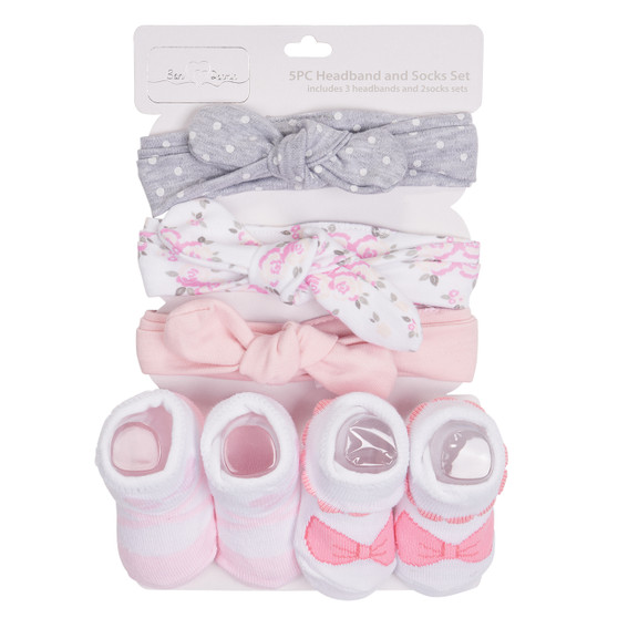 5-Piece Headband And Socks Set - Pink Flowers