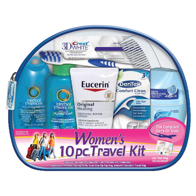 Womens Ultimate Travel Toiletries Bag, Shampoo, Conditioner, Body Wash, Bar  Soap, Deodorant, Toothbrush, Toothpaste, Floss, Nail Polish Remover Pads,  Bundle of TSA Approved Size (Clear Women's Bag)