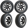 C32-E28B-SET-WT - SET OF 4 15X5.5 BLACK 8 SPOKE WHEELS (4X130MM - 4.6 IN. BACKSPACE) - WITH 2 X 185/65-HR15 AND 2 X 195/65-HR15 TIRES MOUNTED AND BALANCED - READY TO BOLT-ON - SOLD SET OF 4