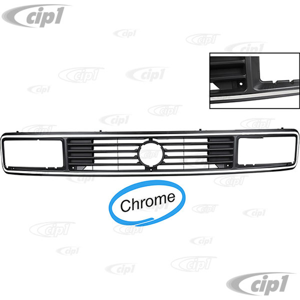 VWC-255-853-652-J - 255853652J - QUALITY REPRODUCTION - FRONT GRILL WITH  CHROME TRIM EDGE - USING SQUARE HEADLIGHTS USES 125MM - 4.9 INCH EMBLEM - 