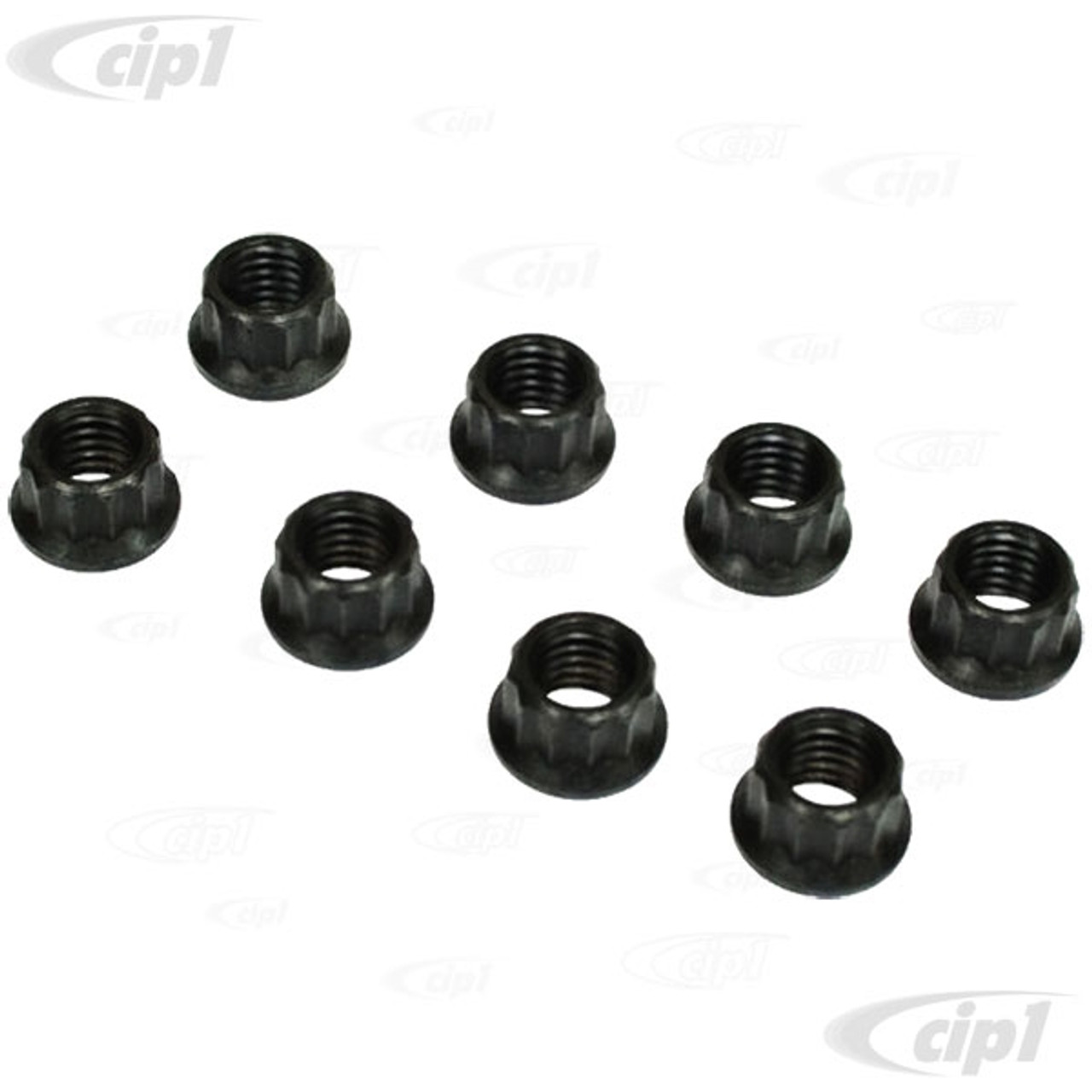 C13-17-2988 - EMPI - SET OF 8 BLACK EXHAUST / INTAKE NUTS - 12 POINT 8MM X  1.25 - USES 10MM 12 POINT SOCKET - SET OF 8