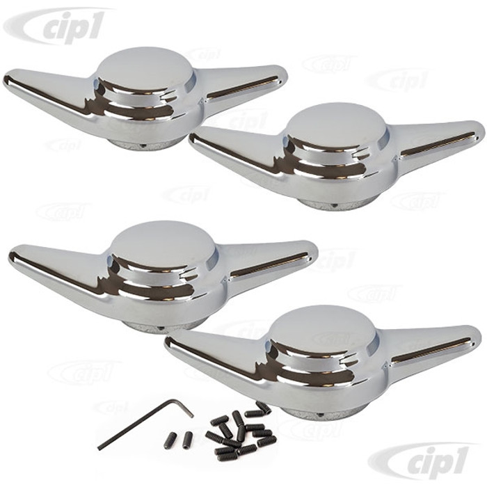 ACC-C10-6695 - (EMPI 9620) SET OF CHROME 2 SPOKE KNOCK OFFS / SPINNERS WITH MOUNTING HARDWARE - SOLD SET OF 4