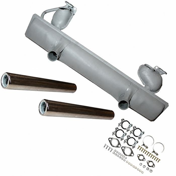 VWC-113-251-053-AKKT - 113251053A - COMPLETE 13-1600CC MUFFLER KIT - MADE IN EUROPE - INCLUDES MOUNTING CLAMPS / HARDWARE / GASKETS / TAIL PIPES - BEETLE/GHIA 66-74  EXCEPT 1974 CALIFORNIAN MODELS - SOLD KIT