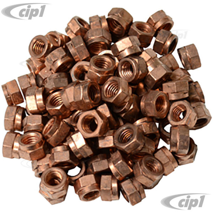 VWC-175-129-650-100 - (EMPI 9525 ACC-C10-5457 175129650) - BAG OF 100 - COPPER PLATED LOCKING EXHAUST NUTS - 8MM X 1.25 THREAD - ALL MODELS - SOLD BAG OF 100