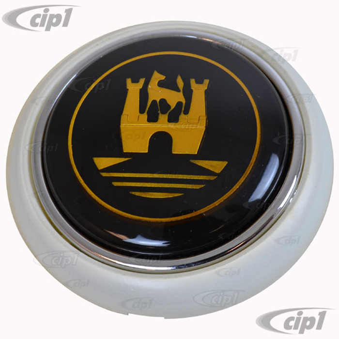 VWC-211-415-669-GG - 211415669  - GREY (SILVER-BEIGE) HORN BUTTON WITH GOLD CASTLE CREST - BUS 55-67 - BEETLE 56-59 - SOLD EACH