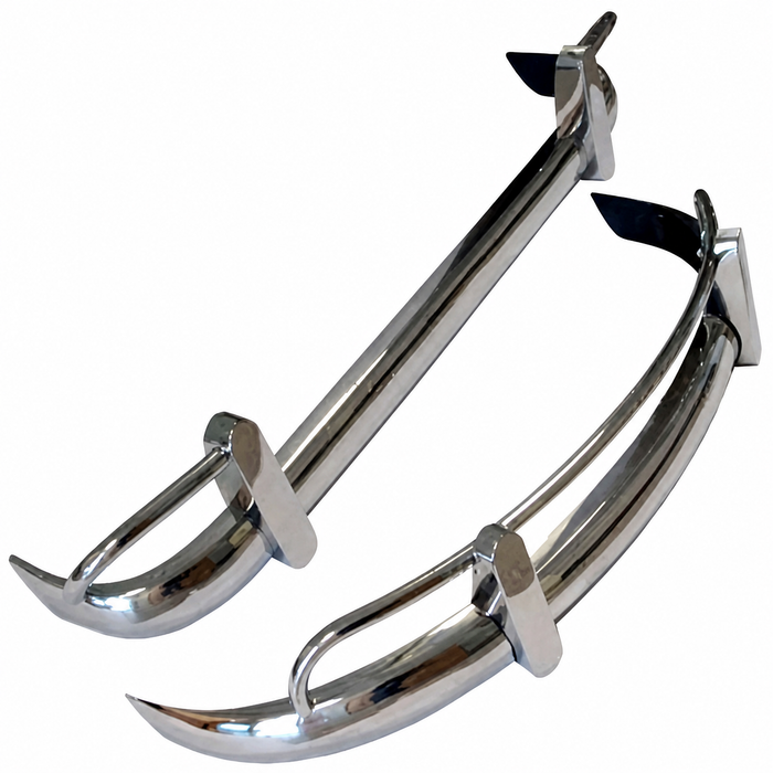 VWC-211-798-111 - POLISHED STAINLESS STEEL - FRONT & REAR COMPLETE BUMPER SET WITH GUARDS & OVERRIDER BOWS - REAR BUMPER WITH DIAMOND CUT ENDS ASSEMBLY REQUIRED (MOUNTING HARDWARE NOT INCLUDED) - BUS 66-67 - (WILL ALSO FIT 52-65) - SOLD SET