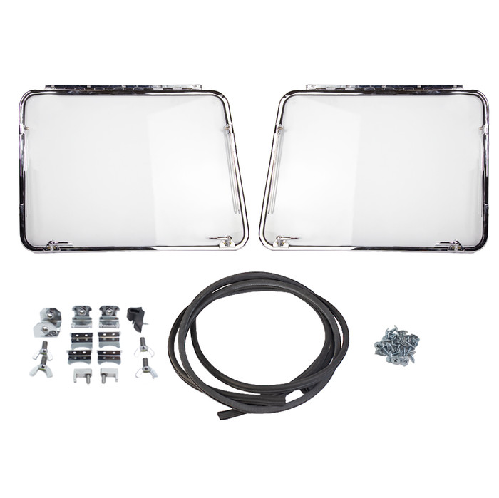ACC-C20-1001 - VERY GOOD REPRODUCTION - DELUXE FRONT SAFARI WINDOW KIT - COMPLETE KIT WITH BRIGHT CHROME FRAMES - GLASS/LATCHES/HINGES/SEALS AND HARDWARE INCLUDED AS PICTURED - BUS 55-67 - SOLD KIT