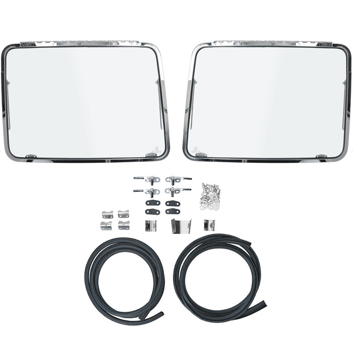 ACC-C20-1001 - DELUXE BBT FRONT SAFARI WINDOW KIT - COMPLETE KIT WITH POLISHED ALUMINUM FRAMES - GLASS/LATCHES/HINGES/SEALS AND HARDWARE INCLUDED AS PICTURED - BUS 55-67 - SOLD KIT