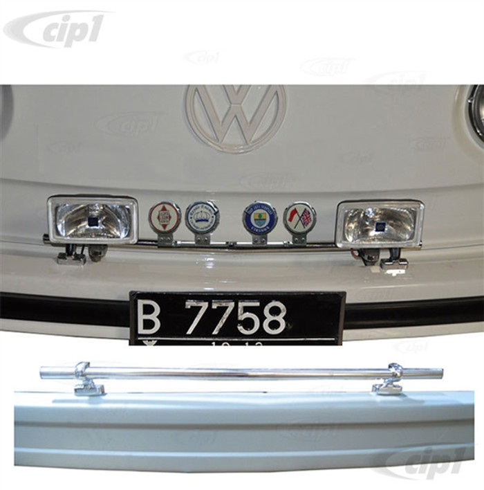 VWC-ZVW70001 - STAINLESS STEEL EUROPEAN STYLE FRONT BUMPER BADGE AND LIGHT BAR WITH CHROMED BRACKETS - FITS BUS 52-79 - SOLD KIT