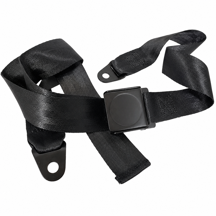 C26-857-003RBK - 2 POINT LAP BELT - BLACK BELT WITH BLACK BUCKLE - BUCKET HAS RECESSED FOR ROUND EPOXY LOGO - UNIVERSAL LEFT OR RIGHT - SOLD EACH