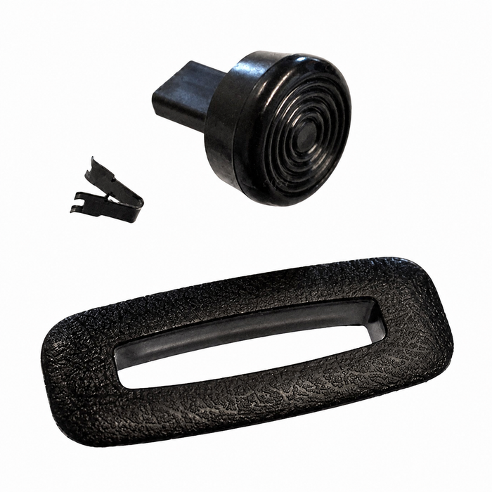 VWC-113-898-633-C - 113898633C - 113881633E - 113881607A - FRONT SEAT BACKREST RELEASE WITH ROUND KNOB AND GUIDE WITH CLIP - 3 PIECE KIT - BEETLE 67-72 - GHIA 68-72 - TYPE-3 68-71 - DOES ONE SEAT - SOLD 3 PIECE KIT