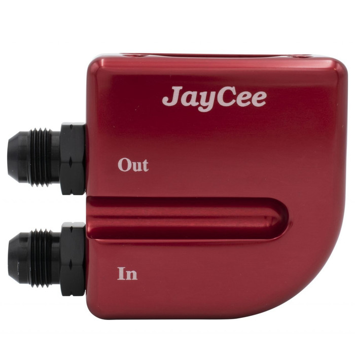 JC-2332-0 - JAYCEE OIL FILTER MOUNT WITH LEFT EXITING PORTS AND No.8 FITTINGS - RED ANODIZED - SOLD EACH