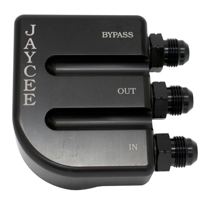 JC-2116-0 - JAYCEE OIL FILTER MOUNT WITH BUILT IN OIL PRESSURE BYPASS SET TO 80 PSI - OIL CONTROL SYSTEM - BLACK ANODIZED - SOLD EACH