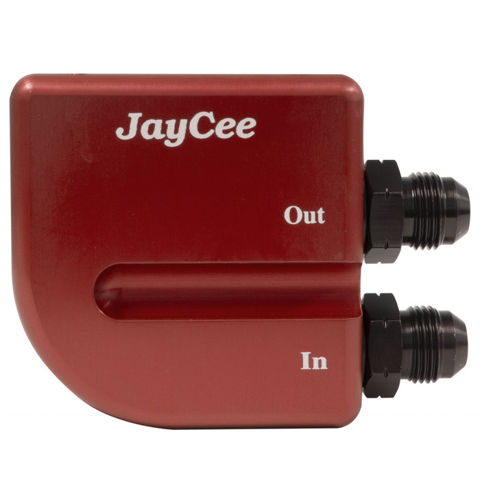 JC-2118-0 - JAYCEE OIL FILTER MOUNT WITH RIGHT EXITING PORTS AND No.8 FITTINGS - RED ANODIZED - SOLD EACH