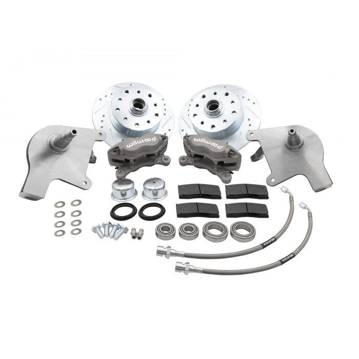 C13-22-6160 - EMPI - 4 PISTON CALIPER DISC BRAKE KIT WITH DROPPED SPINDLES - SLOTTED AND DRILLED WITH DOUBLE PORSCHE/CHEV BOLT PATTERN - SILVER WILWOOD CALIPERS - W/BRGS - SEALS - HARDWARE - STANDARD BEETLE 66-77 - GHIA 66-74 - SOLD KIT