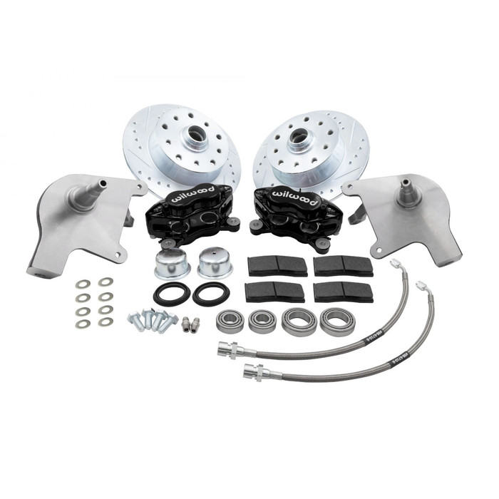 C13-22-6160-B - EMPI - 4 PISTON CALIPER DISC BRAKE KIT WITH DROPPED SPINDLES - SLOTTED AND DRILLED WITH DOUBLE PORSCHE/CHEV BOLT PATTERN - BLACK WILWOOD CALIPERS - W/BRGS - SEALS - HARDWARE - STANDARD BEETLE 66-77 - GHIA 66-74 - SOLD KIT