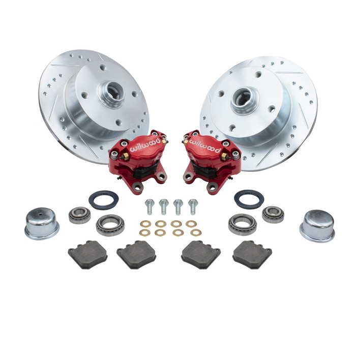 C13-22-6157-R - EMPI BALL JOINT FRONT DISC 4X130 DRILLED AND SLOTTED BRAKE KIT WITH WILWOOD CALIPERS - RED - WITHOUT SPINDLES - SOLD KIT