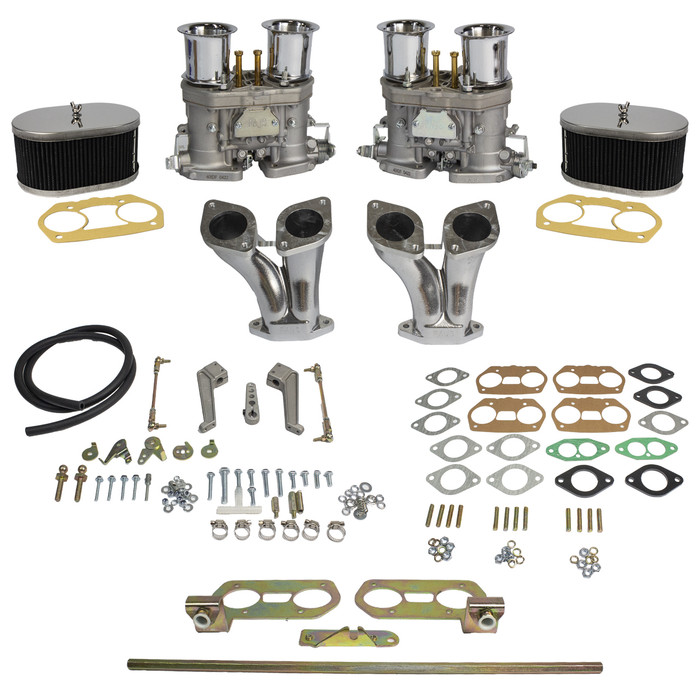 C10-47-7317 - CIP1 PREMIUM - DUAL 40MM IDF STYLE CARBURETOR KIT WITH HEX BAR LINKAGE & CHROME TIN AIR CLEANERS - DUAL PORT ENGINE - WILL ONLY FIT 36HP STYLE FAN SHROUD (WILL NOT FIT WITH STOCK SHROUD) - SOLD KIT