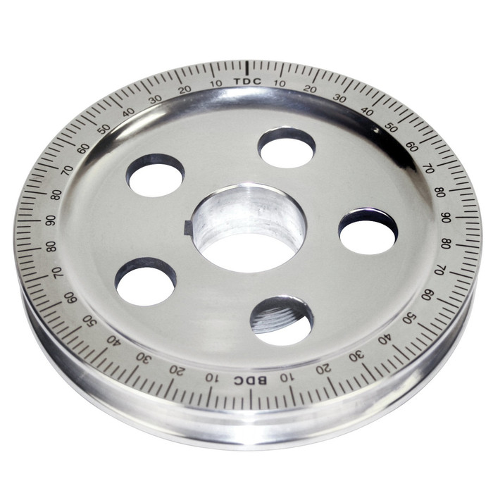 C26-105-252 - POLISHED ALUMINUM CRANKSHAFT POWER PULLEY WITH BLACK DEGREE NUMBERS - ADDS HORSEPOWER BY SLOWING ALTERNATOR / GENERATOR - PULLEY O.D. APPROX. 5-3/4 INCH - 148MM - USES BELT #ACC-C10-5418 - REF.#'s ACC-C10-5967 - EMPI 9115 - SOLD EACH