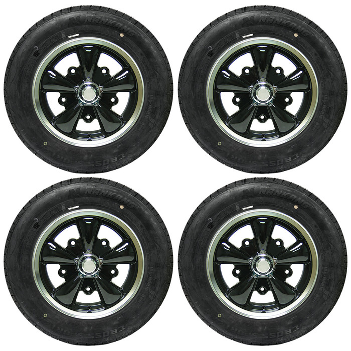 C32-E252B-SET-WT - SET OF 4 15X5.5 BLACK 5 SPOKE ALUMINUM WHEELS (5X205MM - 4 IN. BACKSPACE) - WITH 2 X 185/65-HR15 AND 2 X 195/65-HR15 TIRES MOUNTED AND BALANCED - READY TO BOLT-ON - SOLD SET OF 4