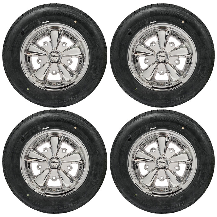 C32-E252C-SET-WT - SET OF 4 15X5.5 FULLY CHROMED 5 SPOKE ALUMINUM WHEELS (5X205MM - 3-3/4 IN. BACKSPACE) - WITH 2 X 185/65-HR15 AND 2 X 195/65-HR15 TIRES MOUNTED AND BALANCED - READY TO BOLT-ON - SOLD SET OF 4