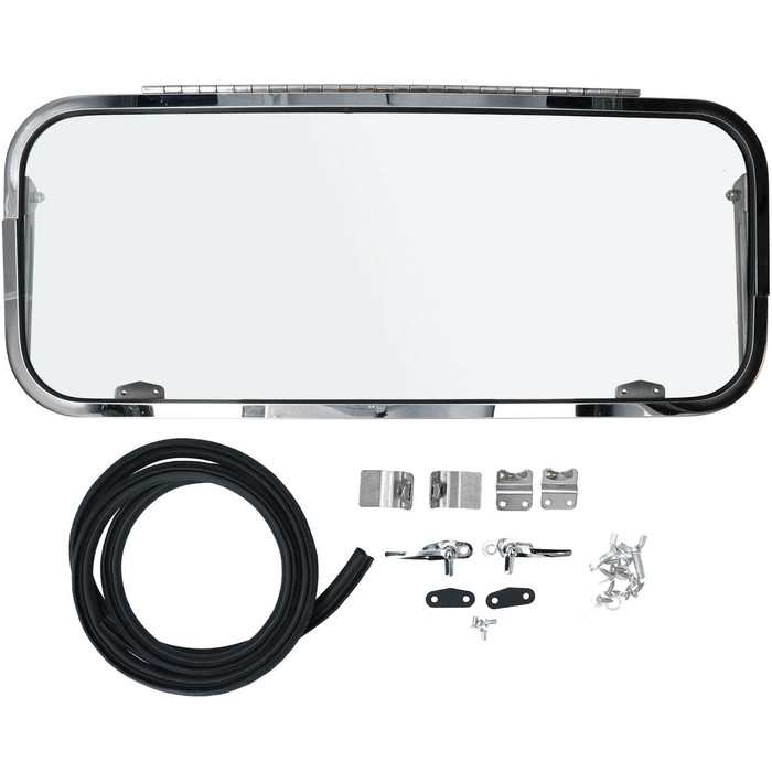 ACC-C20-1004 -  PREMIUM BBT QUALITY - DELUXE REAR SAFARI WINDOW KIT - COMPLETE KIT WITH POLISHED ALUMINUM FRAMES / GLASS / LATCHES / HINGES / SEALS AND HARDWARE - FOR NARROW HATCH WITH SMALL WINDOW - BUS 52-63 - SOLD KIT