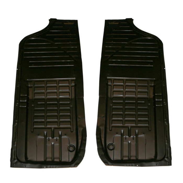 VWC-141-701-059-PR - 141701059 - DANSK - PAIR OF FLOOR PAN HALVES - LEFT AND RIGHT - WITHOUT SEAT TRACKS - PLEASE NOTE: DANSK PANS HAVE SLITS IN THE CORNERS AND ALONG INNER EDGE-THESE WILL REQUIRE WELDING - GHIA 56-74 - THING 69-79 - SOLD EACH