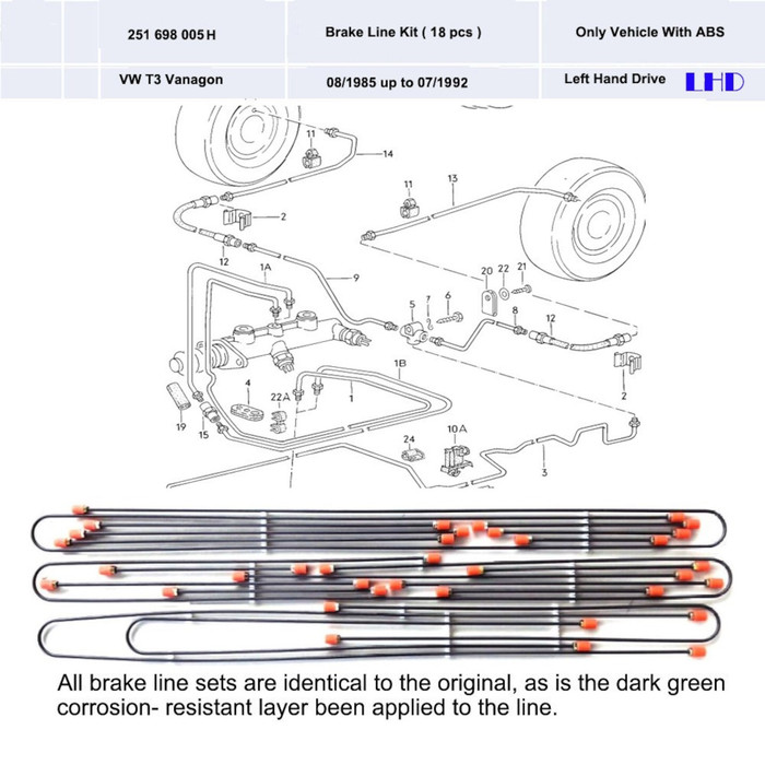 VWC-251-698-005-H - 251698005H - FROM EUROPE - 18 PIECE BRAKE LINE KIT - TEFLON COATED TO PREVENT CORROSION - T25 VANAGON 85-92 WITH ABS BRAKING - SOLD KIT