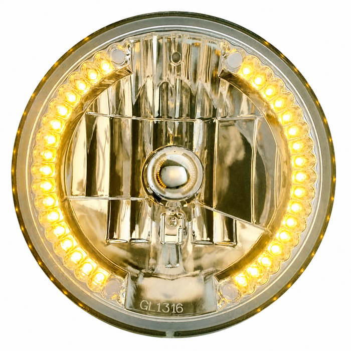 C11-31378 - 7 INCH CRYSTAL HEADLIGHT WITH AMBER LED TURN SIGNAL OR PARK LIGHTS (WITH H4 HALOGEN BULB) - SOLD EACH