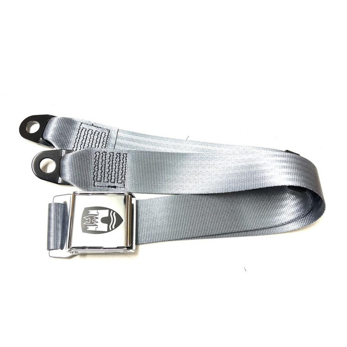 C33-S00737 - GERMAN QUALITY FROM C&C U.K. - GREY - VINTAGE STYLE 2-POINT SEAT BELT WITH CHROME BUCKLE - UNIVERSAL FITMENT - NON-RETRACTABLE - FITS ALL BEETLE - GHIA - BUS - TYPE-3 - VW THING - WOLFSBURG DECAL AND HARDWARE IS NOT INCLUDED - SOLD EACH