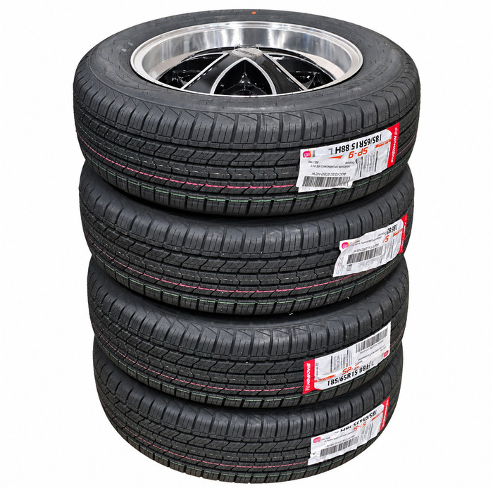 DEAL-004 - SET OF 4 CALIFORNIA CRUZ BLACK W/MACHINED FACE ALLOY WHEELS - 15X5.5 (5X205MM) - WITH 185/65R15 TIRES MOUNTED & BALANCED - SOLD SET OF 4