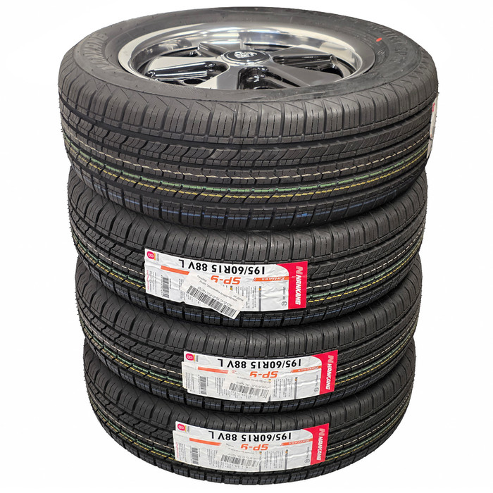 DEAL-006 - SET OF 4 BLACK & POLISHED 911 STYLE ALLOY WHEELS - 15X5.5 (5X205MM) - WITH 195/60R15 TIRES MOUNTED & BALANCED - SOLD SET OF 4